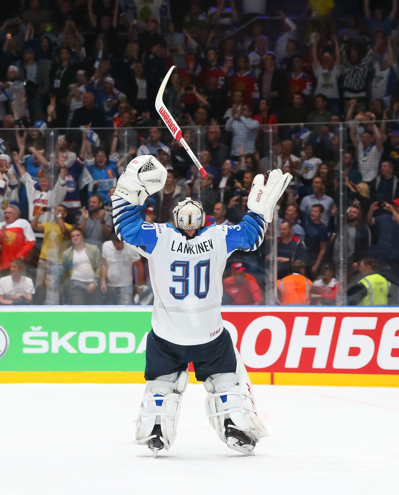 Canada's Shea Theodore (27) celebrates after scoring a goal against Finland  goaltender Kevin Lankinen (30) during the Ice Hockey World Championships  gold medal match at the Ondrej Nepela Arena in Bratislava, Slovakia