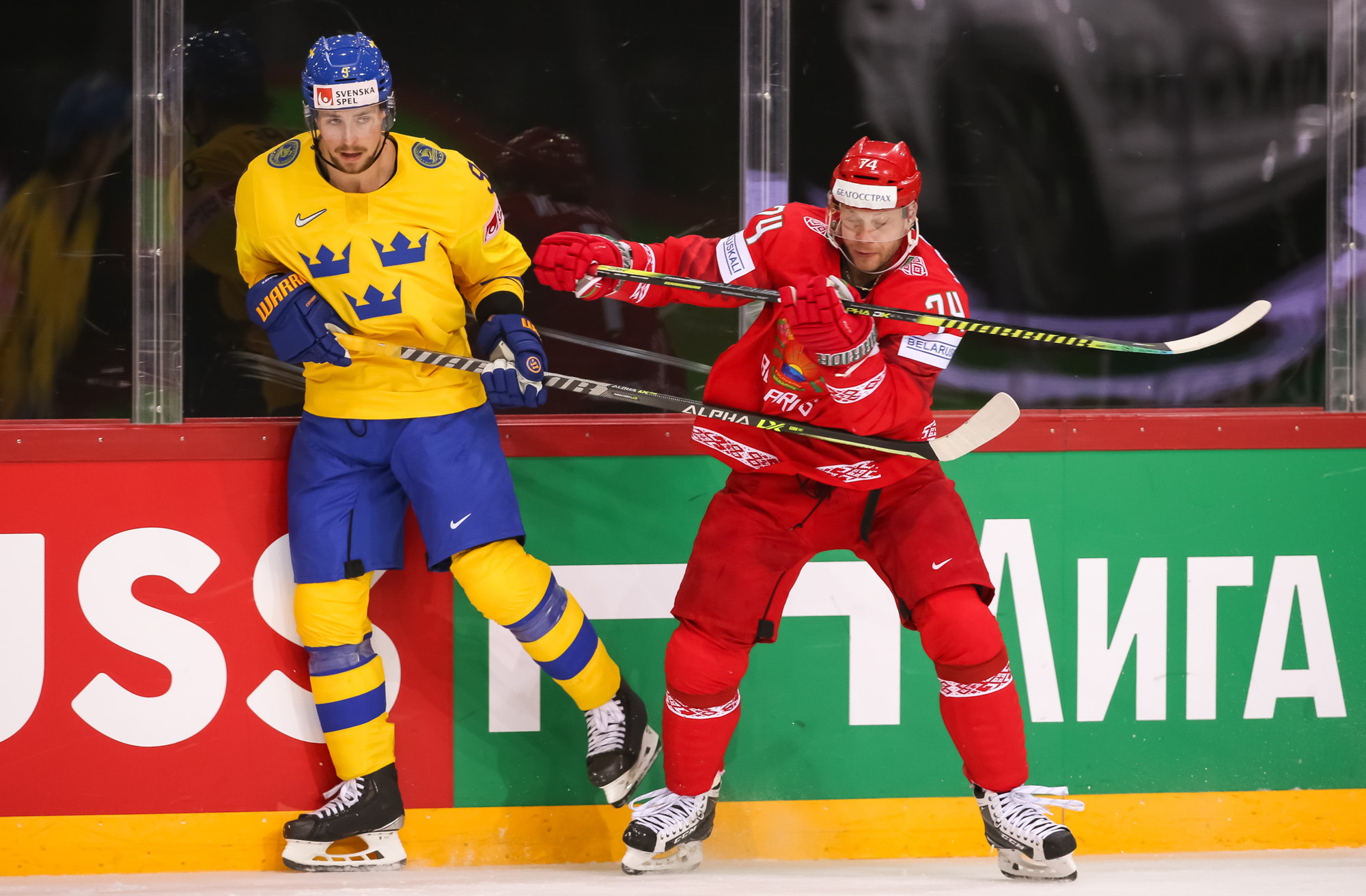 Riga, Olympic Sports Centre, Denmark. 28th May, 2021. vs Belarus (2021 IIHF  Ice Hockey World Championship), #13 Mikhail Stefanovich (Belarus) scores  and celebrates with #17 Yegor Sharangovich (Belarus) and #12 Alexei Protas (