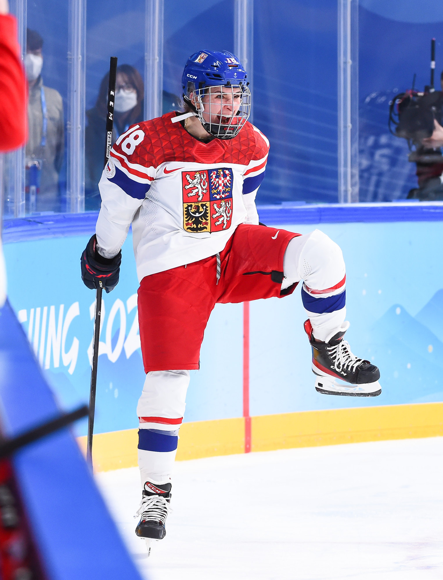 Chomutov, Czech Republic. 13th Nov, 2021. Czech players celebrate a goal  during the 2022 Olympic Women's Ice hockey Final Qualification, Group C,  Poland vs Czech Republic, on November 13, 2021, in Chomutov