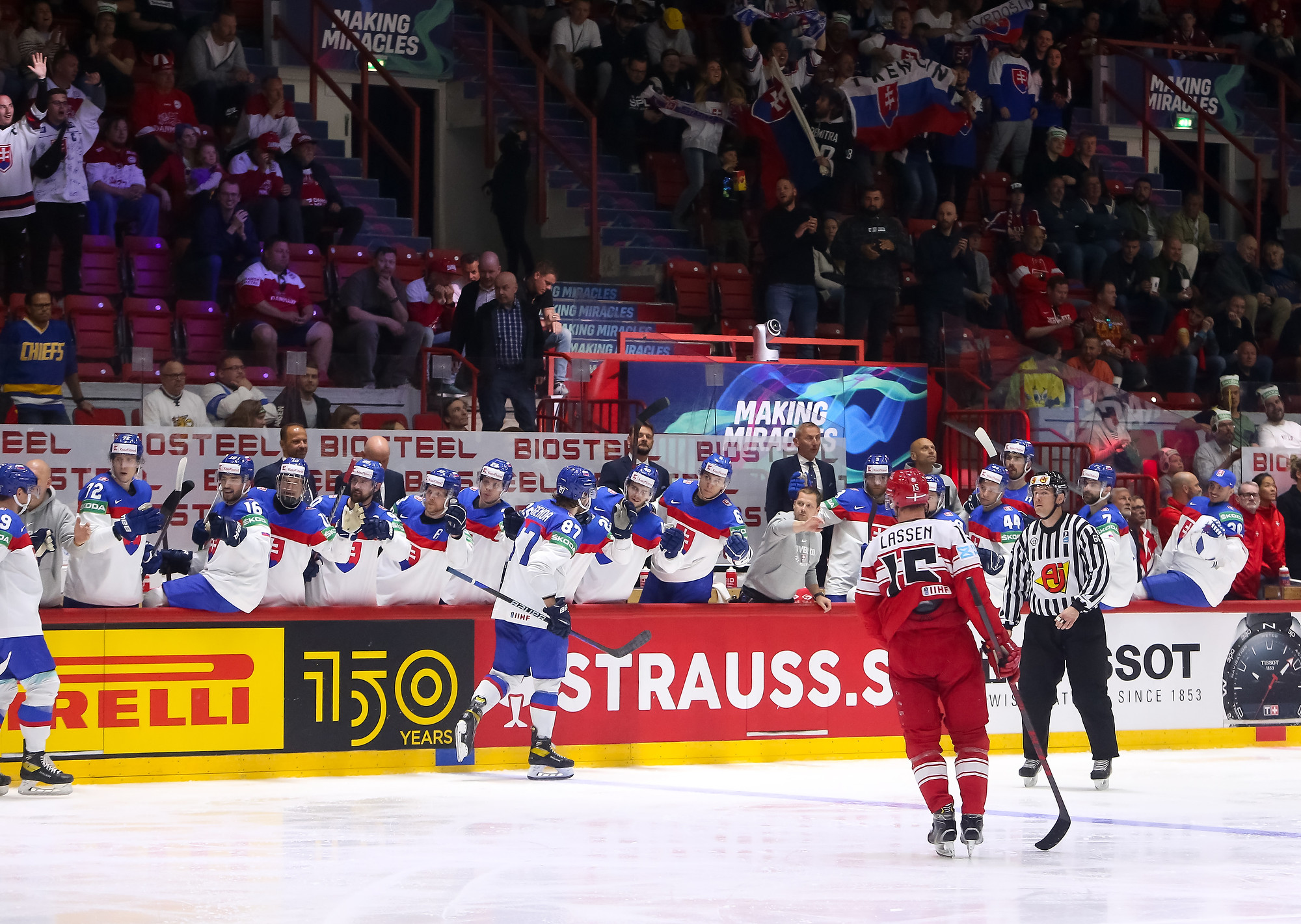 Kosice, Slovakia. 10th May, 2019. Tomas Tatar of Slovakia celebrates  scoring during the 2019 IIHF Ice Hockey World Championship group A game  between the United States and Slovakia at Steel Arena in