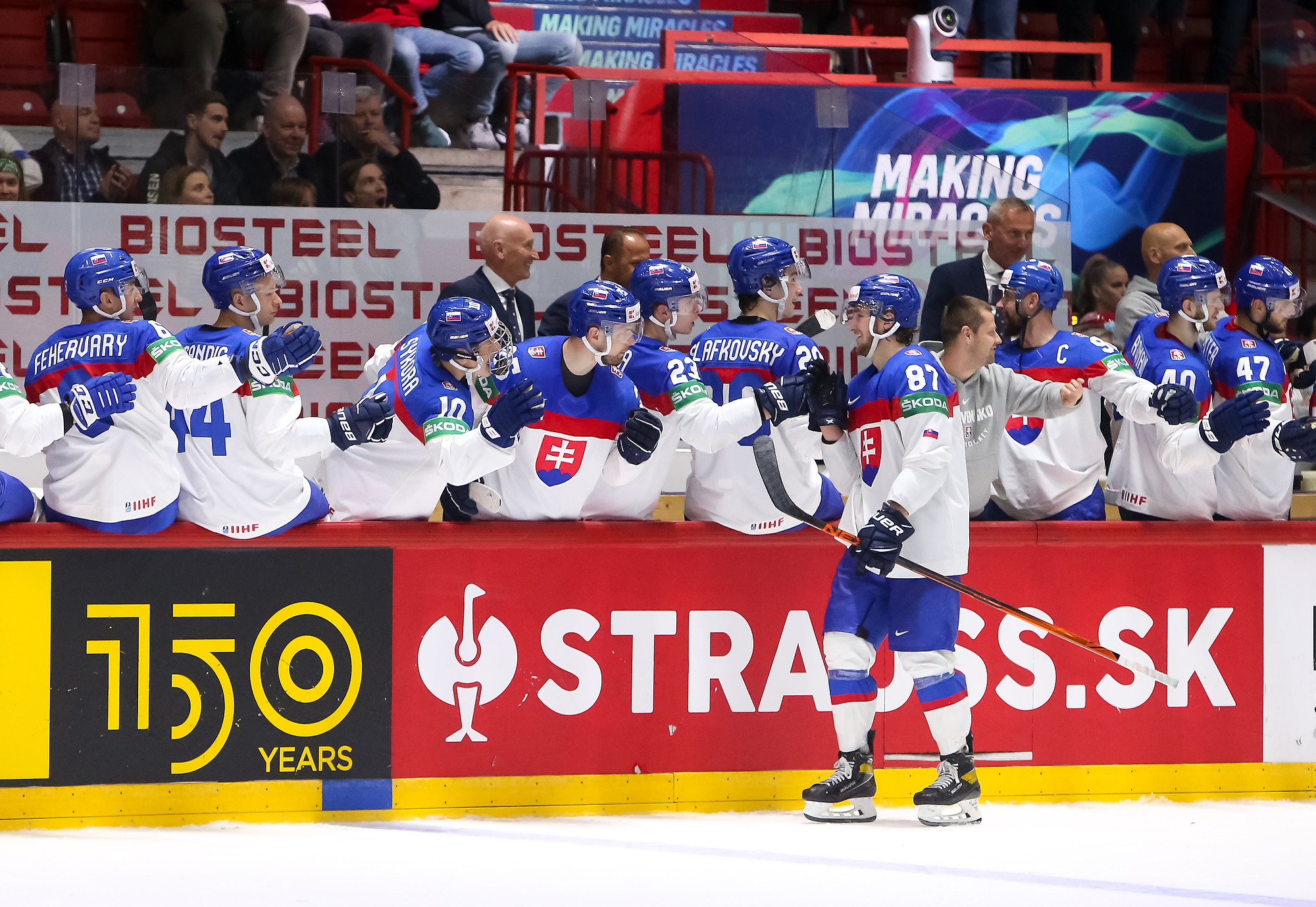 Kosice, Slovakia. 10th May, 2019. Tomas Tatar of Slovakia celebrates  scoring during the 2019 IIHF Ice Hockey World Championship group A game  between the United States and Slovakia at Steel Arena in